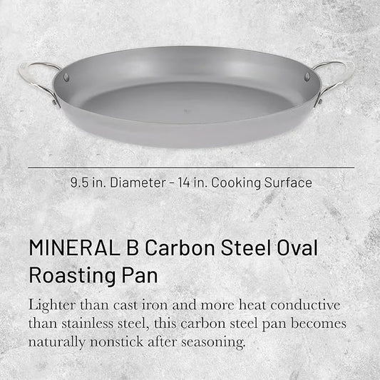 de Buyer MINERAL B Carbon Steel Oval Roasting Pan - 9.5” Diameter - Ideal for Roasting Meat, Seafood & Veggies - Naturally Non-Stick Finish - Made in France