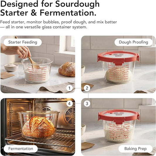 GENICOOK Sourdough Starter & Fermentation Jar Set, 2-Piece Borosilicate Glass Containers with Airtight Lids & Vent Plugs (24oz & 71oz), Wide Mouth Measuring Jars for Dough Mixing, Proofing & Baking