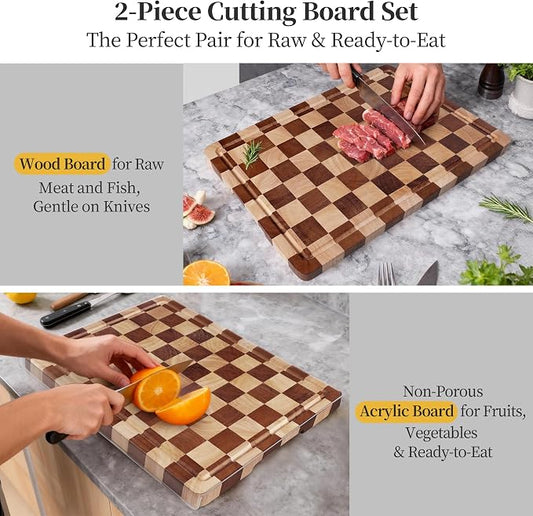 Checkered Cutting Board and Acrylic Cutting Board Set, 2 PCS Cutting Boards for Kitchen, Checkerboard Wood End Grain Chopping Board with Juice Groove & Acrylic Cooking Board with Counter Lip