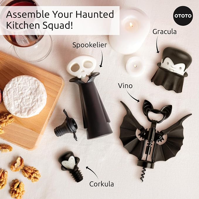 OTOTO Skull Wine Saver Pump and Stoppers - Halloween Gifts, Emo Accessories, Gothic Kitchen, Goth Gifts, Bat, Kitchen Gadgets - (Spookelier)