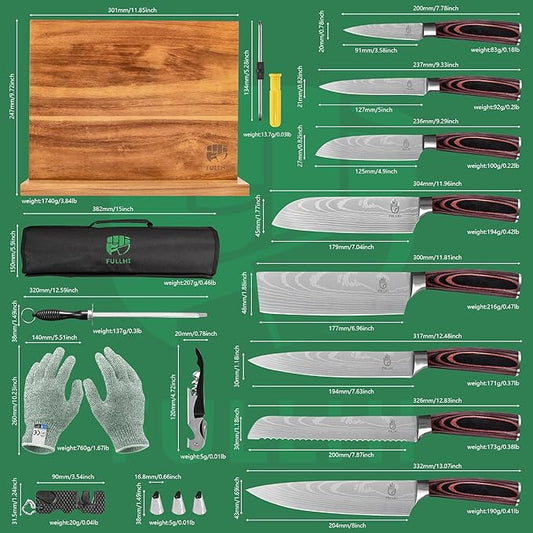 FULLHI 15pcs Japanese Knife Set with Magnetic Knife Block Holder, Japan Stainless Steel Blades, Ergonomic Handles for Professional and Home Cooking(Coffee wood, Magnetic Block Knife Set)