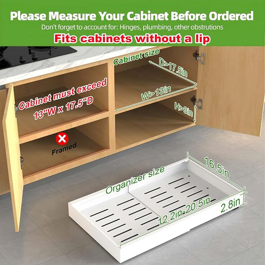 ANTOWIN 1Pack Expandable Pull Out Cabinet Organizer 16.5"Deep (12.2"-20.5" Width), Slide Out Drawers for Kitchen Cabinets, Roll Out Shelves Adhesive with 3-Layer Steel, for Cabinets Without Lip, White