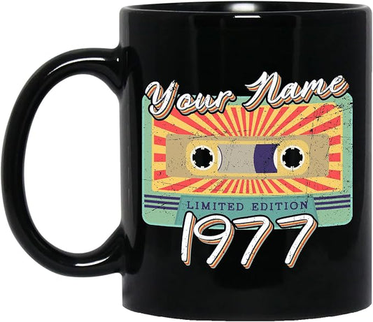 Personalized Vintage Cassette Tape Vintage 1977 Mug, Custom Your Name, 1977 Retro Coffee Mug, 45th Birthday Present Gifts, 1977 Birthday Gift For Friends Family, Customizable Black Tea Cups