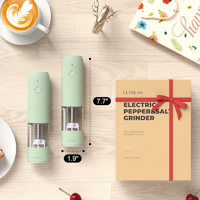 Ultrean Pepper Grinder, Rechargeable Salt and Pepper Grinder with 6 Adjustable Coarseness, LED Light, One-Hand Automatic Operation, Green