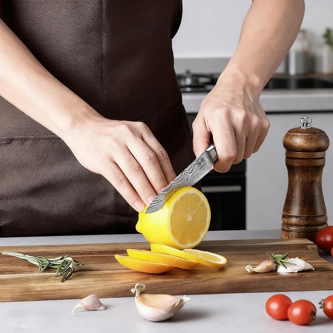 3-Piece Kitchen Knife Set, High Carbon Stainless Steel Blades with Wave Pattern, Ergonomic Pakkawood Handle - Includes 8" Chef, 7" Santoku & 5" Utility Knives