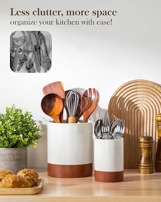 MALACASA Utensil Holder, 7.3"+5.5" Ceramic Kitchen Utensil Holder for Countertop, Large Cooking Utensil Crocks for Kitchen Counter, Farmhouse Utensils Organizer, Set of 2, Khaki White, Series TARA