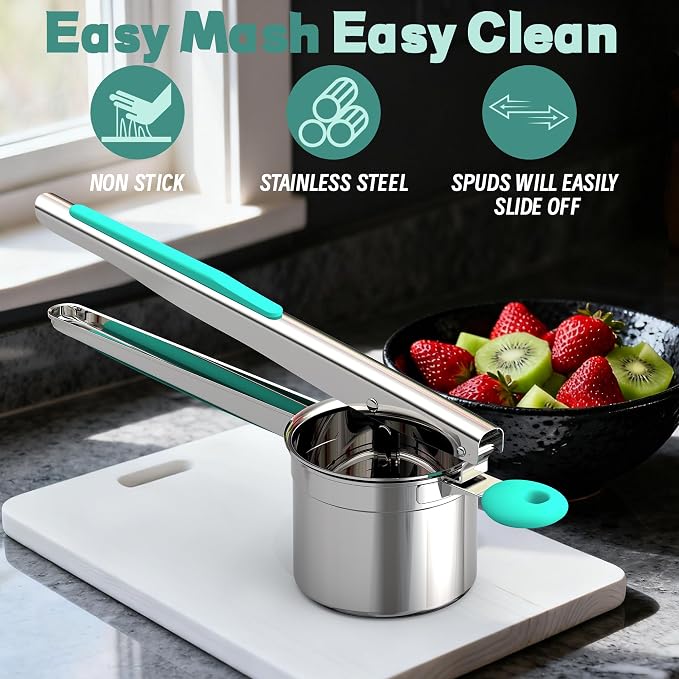 Large 15oz Potato Ricer for Mashed Potatoes, Heavy Duty 18/8 Stainless Steel Potato Masher for Baby Food & Spaetzle Maker, Masher and Ricer Kitchen Tool, Press and Mash Kitchen Gadget, Green