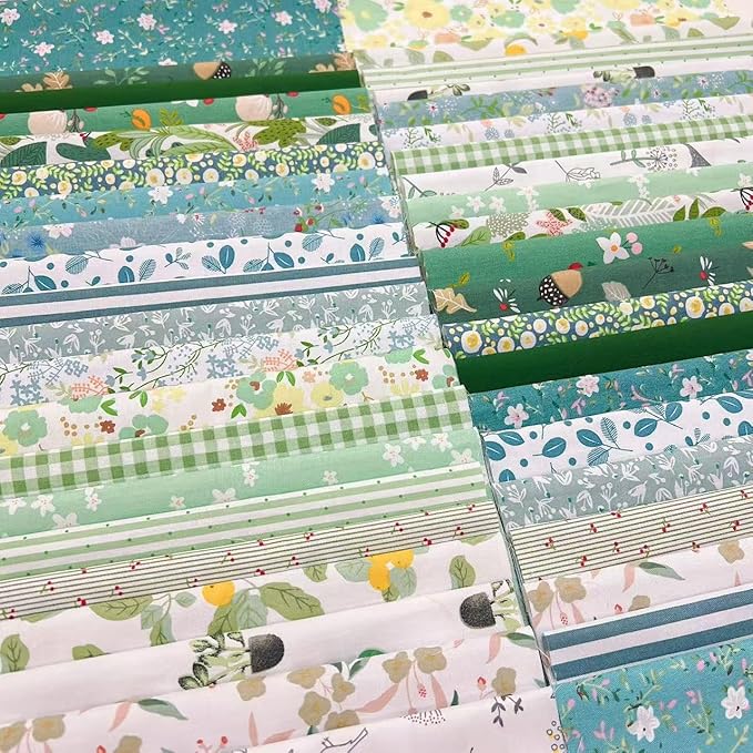 7PCS 25x 25 cm Quilting Fat Quarters Fabric Bundles, for Sewing Crafting,Print Floral Striped Polka Dot 100% Cotton Gingham Fabric (42pcs Green, 9.8" x 9.8"(25 * 25CM))