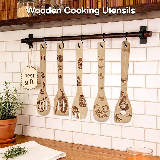 Star Warz Wooden Cooking Utensils Set,5-Piece Wooden Spoons and Spatulas for Cooking, Heat Resistant Kitchen Tools for Nonstick Cookware, Space Fans