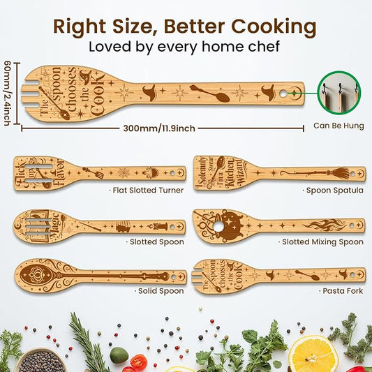 CUTHOLLOW 6PCS Magic Element Wooden Kitchen Cooking Utensil Set, 11.9in Non Toxic Bamboo Wood Spoon Set for Cooking, Best Housewarming Birthday Thanksgiving Christmas Gift for Women Mother