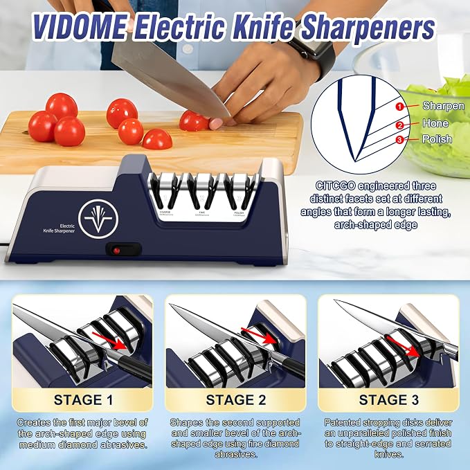 VIDOME Professional Electric Knife Sharpener with 100% Diamond Abrasives and Precision Angle Guides for Kitchen Straight Edge & Ceramic Knife, 3-Stage, Champagne Gold