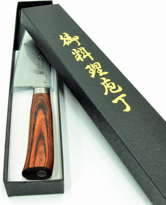 Tamahagane Tsubame SNH-1133 Kengata Knife 7.5"/190mm With Brown Pakkawood Handle and 3-Ply Hammered Steel Blade