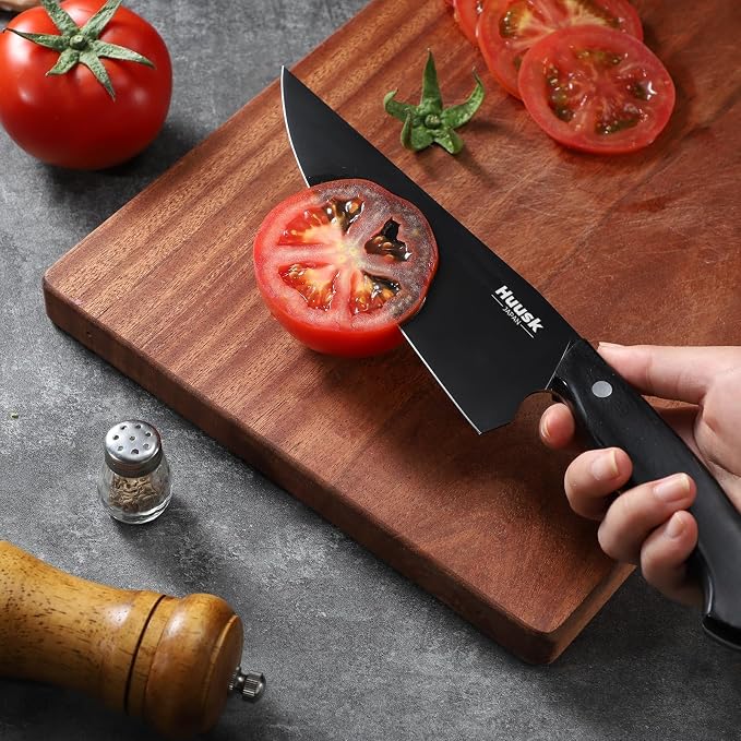 Huusk Japanese Chef Knife for Kitchen - 8in Stainless Kitchen Knife with Black Titanium Coating, All Purpose Cooking Knives for Vegetable & Meat Cutting, Ultra Sharp Gyuto Knives, Men's Gift