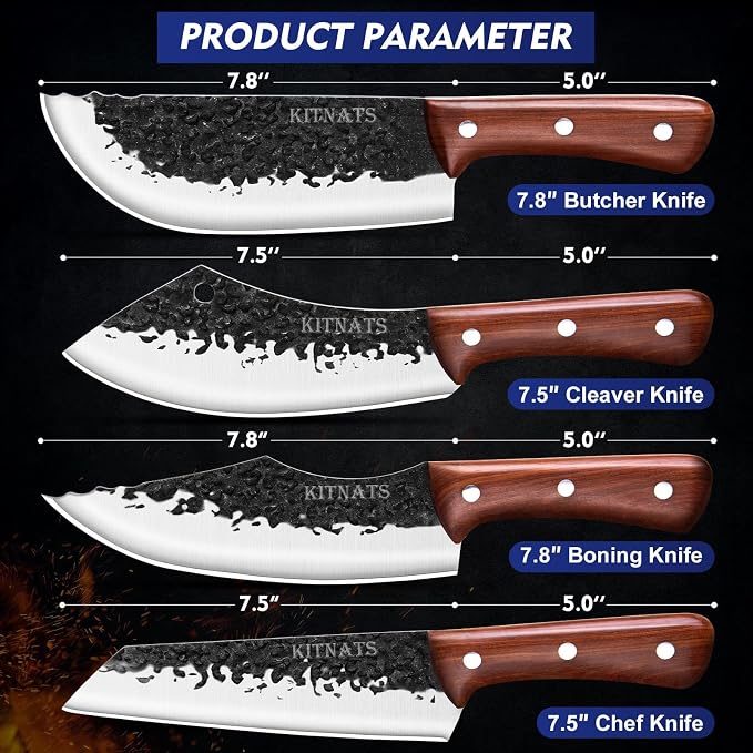 KITNATS 4PCS Hand Forged Butcher Knife Set - Kiritsuke Knives, Meat Cleaver Knife, Boning Knives, Butcher Knives, High Carbon Steel Meat Cutting Knives for Home Kitchen & Outdoor…