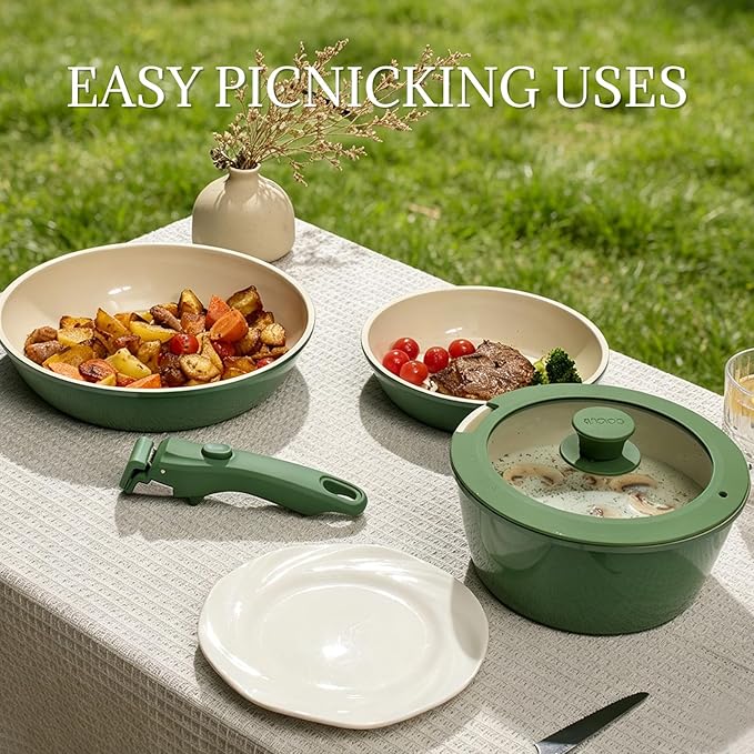 Ceramic Cookware Set Non Stick 8Pcs Pots and Pans Set Detachable Handle Induction Kitchen Cooking Set with Frying Pans Oven Dishwasher Safe, PFAS/PFOA Free, Forest Green
