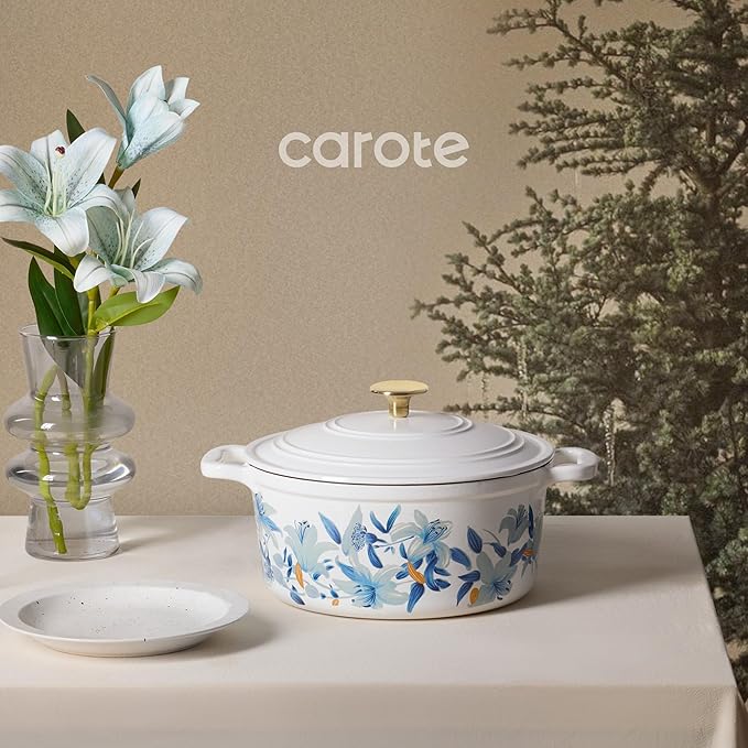 CAROTE 5 QT Cast Iron Dutch Oven Pot with Lid, Enameled Floral Dutch Ovens with Cotton Potholders & Oven Gloves, Gift Box, Cast Iron Pot for Sourdough Bread Baking, Braising, Stews, Roasting, Dual Handles, All Stovetop Compatible, Oven Safe up to 500° ...