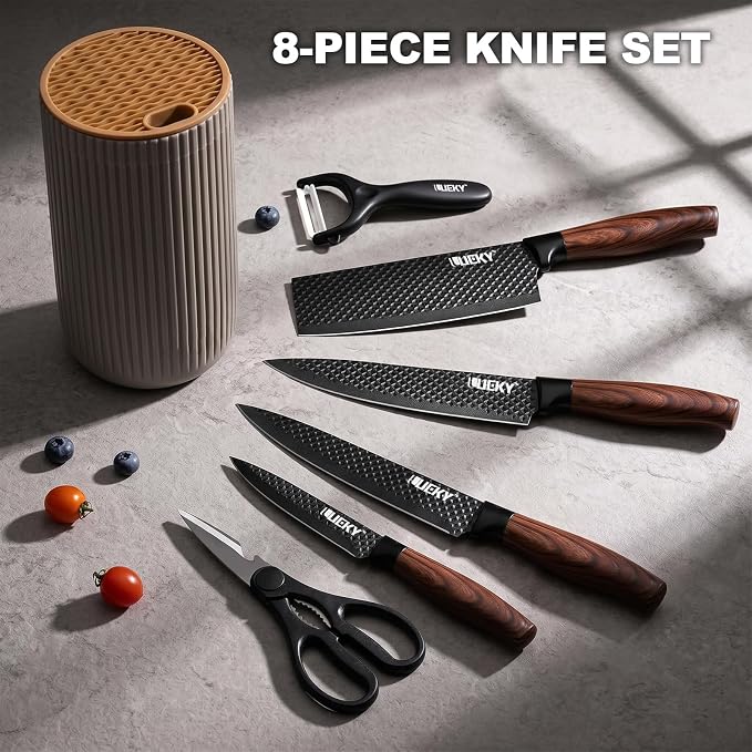 Knife Set, 8 Pieces Kitchen knife Set with Healthy Anti-Rust Coating, Stainless Steel Professional Chef Knife Set with Block, Sharp Kitchen Knives Set with Block for Home Cooking, Dishwasher Safe