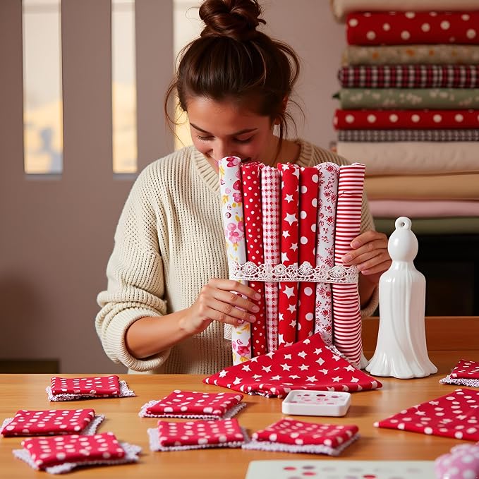 7Pcs Square Shape, Flower, Striped, Polka Dot Cotton Fabric Fabric for Sewing, 25x25cm Cotton Fabric Flower Polka Dot Bundle DIY Patchwork Quilt Cloth,Craft and Hobby Fabric (Red)