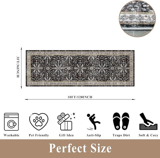 3x10 ft Long Kitchen Runner Rug – Non-Slip Washable Hallway Carpet Runner with Rubber Backing, Boho Floral Low Pile Thin Wide Runners for Entryway Indoor(Black,3x10)