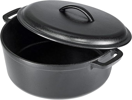 Amazon Basics Pre-Seasoned Cast Iron Dutch Oven Pot with Lid and Dual Handles, Oven Safe, Heavy-Duty, 7-Quart, Round, Black