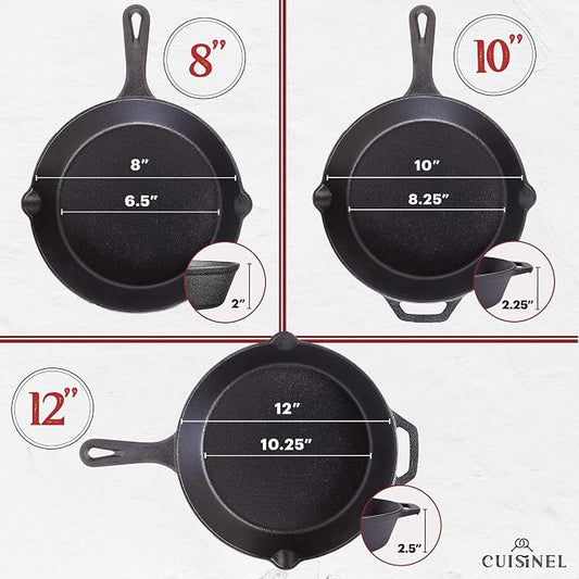 Cuisinel 12" + 10" + 8"-Inch Cast Iron Skillets Set with Braiser Lids + Silicone Handle Grips + Pan Scraper - Indoor/Outdoor Pre-Seasoned Kitchen Cookware - Oven, Fire, Stove Safe
