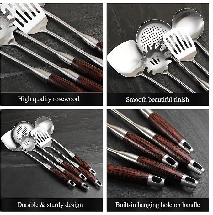 IQCWOOD Stainless Steel Cooking Utensils Set with Wooden Handle, 5-Piece Heat Resistant Kitchen Utensil Tool for Cookware Set -Spatula, Turner, Spaghetti Server, Skimmer Spoon, Soup Ladle
