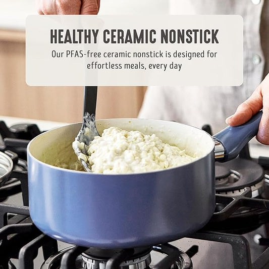 GreenLife 2 Quart Nonstick Saucepan with Lid, Non-Toxic Ceramic Pot, Dishwasher Safe, Stay-Cool Handle, Induction Ready, Fast Heating, PFAS Free, Easy Clean, Slate Blue