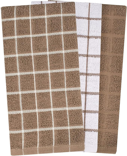 Ritz Premium 100% Cotton Terry Check Kitchen Dish Towels - Highly Absorbent, Super Soft, Long-Lasting, 25"x15", 3-Pack, Mocha