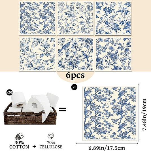 Blue Floral Swedish Dishcloths for Kitchen, 6 Pack Blue Whihe Floral Swedish Dish Cloths, Absorbent Fast Drying Sponge Cleaning Paper Towels for Cooking Home Decoration Housewarming Gift