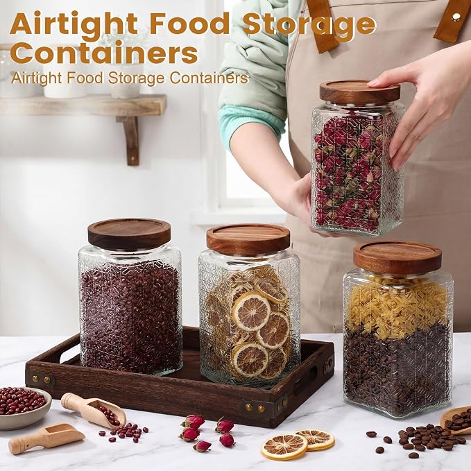 Domensi 6 Pack Vintage Glass Jars with Lids Airtight Food Storage Containers 34 oz Acacia Wood Mason Jar Lids Airtight Pantry Containers for Kitchen Countertop Tea Coffee Spices and Snacks