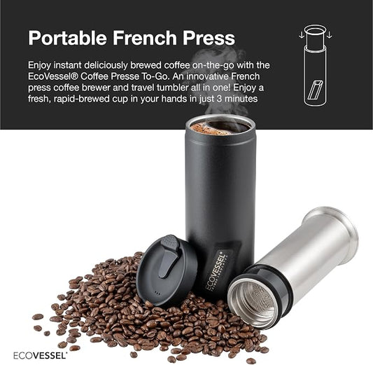 EcoVessel Travel French Press, Portable Coffee Maker, Stainless Steel Insulated Coffee Press, Reusable Single Serve Bottle for On-The-Go Use, 14oz (Mint)