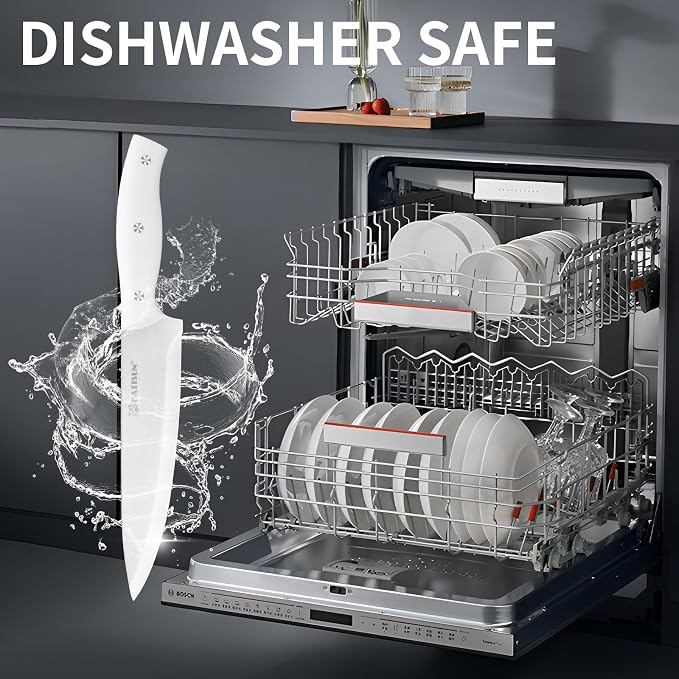 15-Piece White Kitchen Knife Set with Built-in Sharpening Stone, Ergonomic Triple Rivet Fixed Handles, Dishwasher Safe