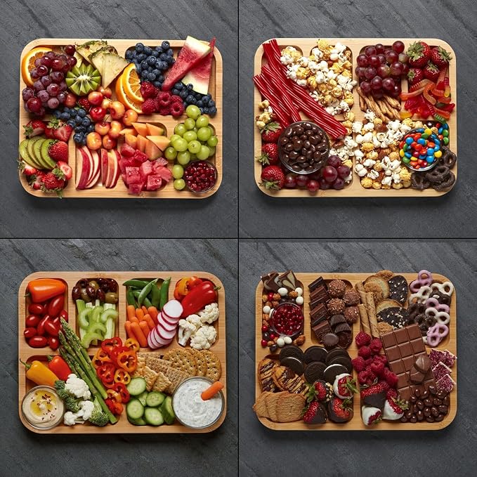 Farberware Build-A-Board Bamboo Cutting Board with Built-In Compartments & Clear Locking Lid, Black Handles, Charcuterie, Snack Tray, Food Prep and Serving Platter