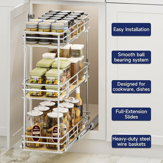9" W x 20.5" D 3-Tier Pull Out Spice Rack Organizer, Solid Wood Base Slide Out Cabinet Shelf for Narrow Kitchen Cabinets, Chrome Pantry Storage