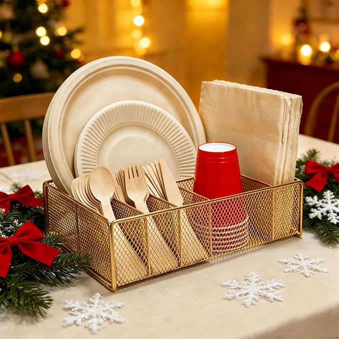 Paper Plate Organizer for Countertop - Metal Utensil Caddy Silverware Holder Cutlery Flatware Plastic Spoon Fork Plates Napkins Cup Storage Dispenser Party Picnic Essentials Camping Gold