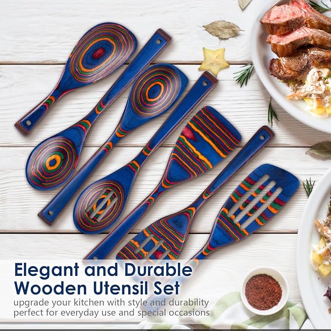 HOWHONG Wooden Spoons for Cooking, Pakkawood Kitchen Utensil Set Spectrum Color, Premium Durable Wooden Utensils for Nonstick Cookware, Heat Resistant, Smooth Finish, Comfortable Grip, 7 Piece