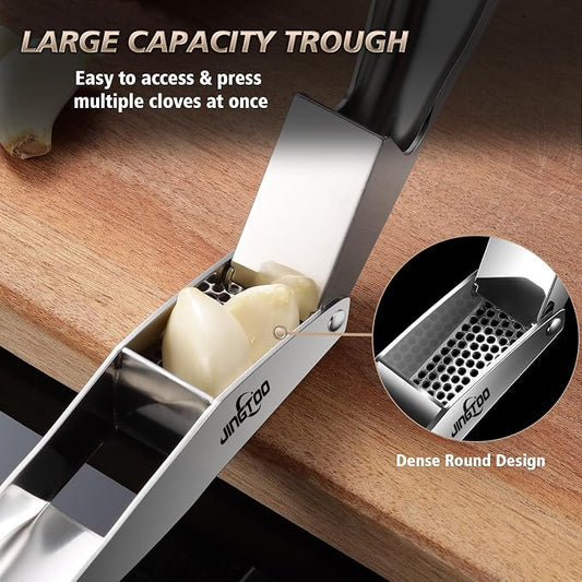 Garlic Press Stainless Steel, Premium Garlic Mincer - 5 Years Warranty - No Need to Peel Garlic Crusher, Ginger Masher & Presser Large Trough Ergonomic Handle, Easy Squeeze,Dishwasher Safe