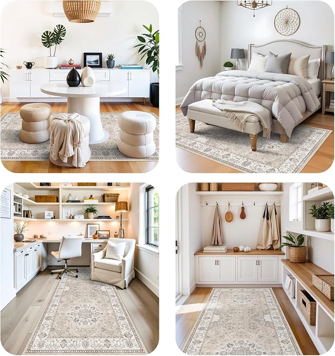 Washable 4x8 Hallway Runner Rug: Vintage 8ft Soft Runners for Entry Kitchen Wide Non Slip Low Pile Carpet for Living Room Bedroom Thin Water Resistant Carpet for Bathroom Dining Room Foyer(Beige,4x8)