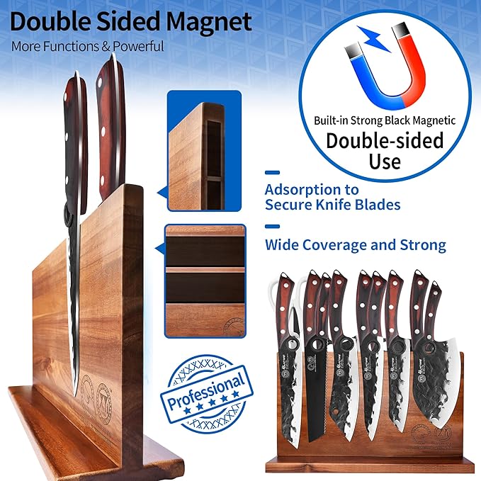 XYJ Knife Block Set, Professional Kitchen Knife Set with Magnetic Knife Block, Cutting Board, Honing Steel, High-Carbon Steel forged Blades, Chef's Knife, Cleaver, Carving Knife, Full Tang Design