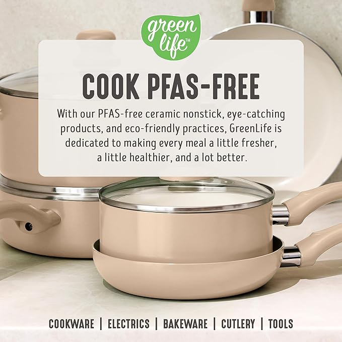 GreenLife 2-Piece Nonstick Frying Pan Set, 8” & 10” Skillets, Non-Toxic Ceramic Cookware, Dishwasher Safe, Stay-Cool Handles, Induction Ready, Fast Heating, Omelet Pan, PFAS Free, Beige Taupe
