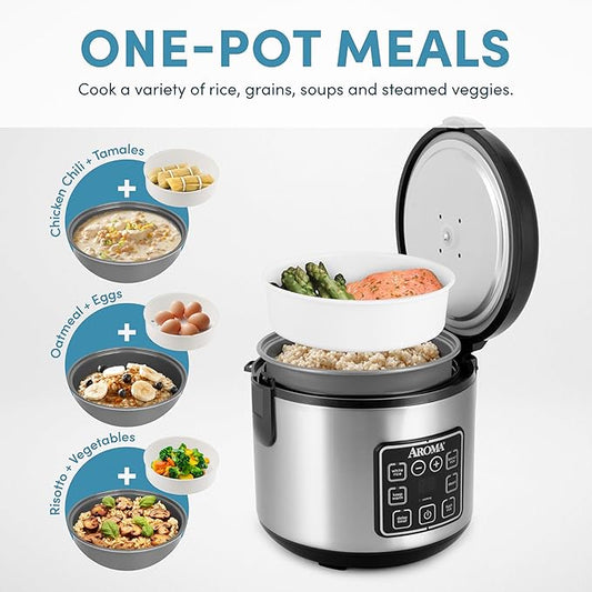 AROMA Digital Rice Cooker, 4-Cup (Uncooked) / 8-Cup (Cooked), Steamer, Grain Cooker, Multicooker, 2 Qt, Stainless Steel Exterior, ARC-914SBD