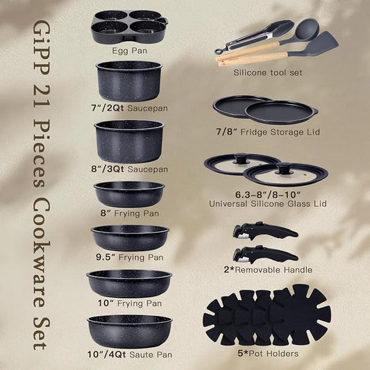 GiPP Ceramic Pots and Pans Set Non Stick, Nonstick Detachable Handle Cookware Sets, Healthy Non Toxic PFAS PFOA & PTFE Free, Dishwasher &Oven Safe, Induction Kitchen Pot and Pan, 21 Piece Grey