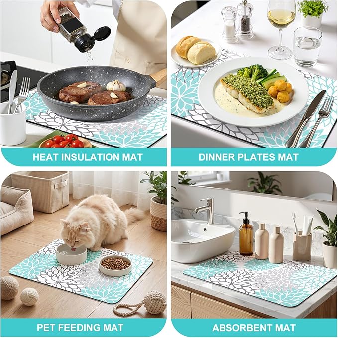 Findosom 2PCS 16" x 24" Dish Drying Mat & 24" x 5.5" Sink Splash Guard, Super Absorbent & Cuttable Dish Mat Drying Kitchen Mat with Teal Floral, Hide Stain Drying Mat for Kitchen Counter
