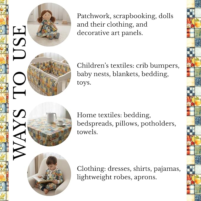 Patchwork Cotton Fabric Panel 61 x 36.6 Inches, Lemon Fruit Quilt Style Pattern, Rustic Blue Yellow Design, 100% Cotton 140 GSM