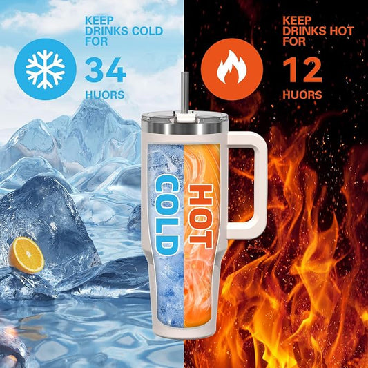 30 oz Tumbler with Handle,Tumbler with Lid and Straw,Double Wall Insulated Cup Stainless Steel Travel Mug(Cold for 34 Hours),Water Bottle for Iced Tea,Coffee,Cold Beverages(Ivory Beige)