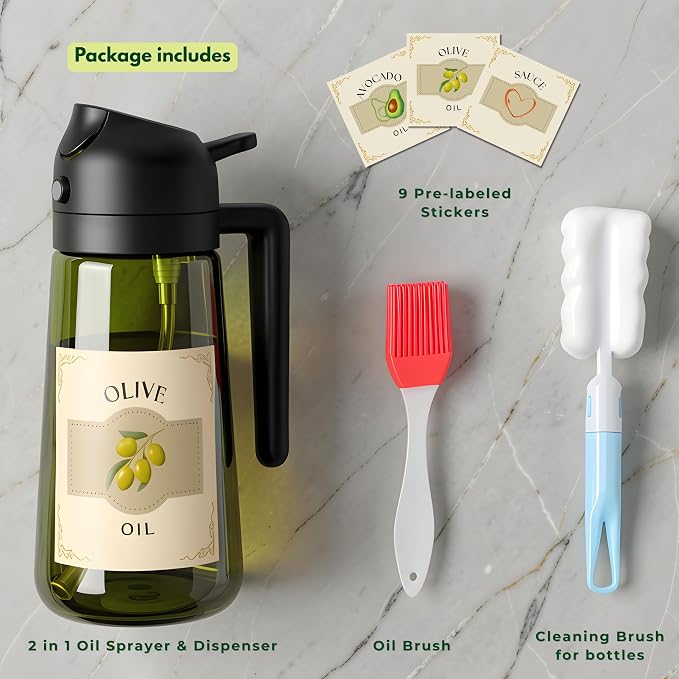 Glass Olive Oil Sprayer for Cooking 16oz/470ml – Dark-Green 2-in-1 Glass Oil Sprayer & Dispenser with 9 Labeled Stickers, Kitchen Gadgets & Air Fryer Accessories, Olive Oil Dispenser – Black