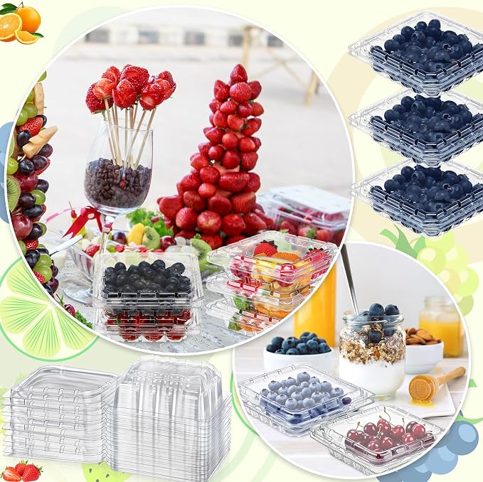 Baderke 60 Pcs Plastic Berry Basket with Clamshell Lids Clear Plastic Disposable Containers Fruit Produce Saver Containers for Blueberries Raspberries Blackberries Strawberries Cherry Tomatoes