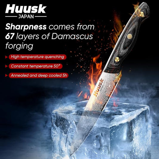 Huusk Damascus Kitchen Utility Knife, Japanes VG10 Small Chef Knives 5 inch with Ergonomic Wooden Handle, Versatile Knife for Vegetable Fruit Meat, Christmas Gift for Men and Women