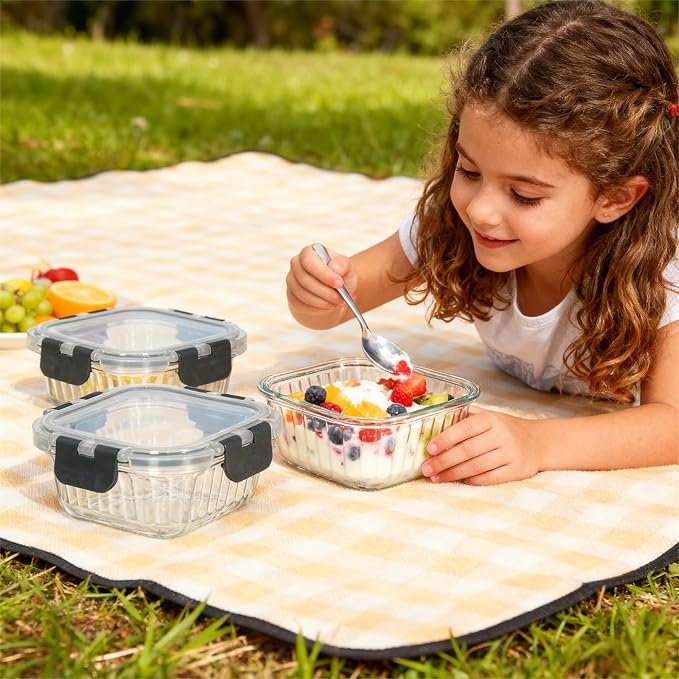 Glass Fluted Ombre grey Leak-Proof 6-Piece Set Food Storage Containers, Food Containers with Lids, Meal Prep Containers. (Square)