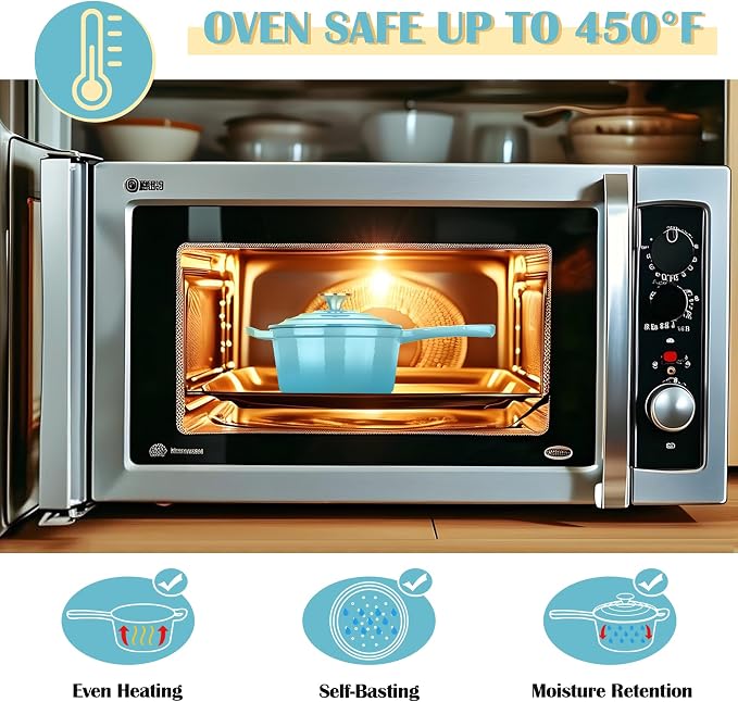 E-far Enameled Cast Iron Sauce Pan with Lid, 1 Quart Dutch Oven Saucepan, Mini Sauce Pot for Cooking, Boiling, Healthy & Non Toxic, Induction & Oven Safe, Light Blue